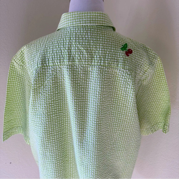 Quaker Factory Blouse Lime Green White Cherry Embroidered Gingham 90s Large - Picture 7 of 8